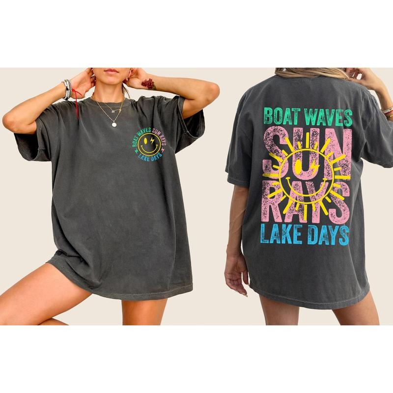 Boat Waves, Sun Rays, Lake Days, Lake Life, Summer, Boating, Lake Hair, Retro, Front and Back, Tshirt, Women's Comfort...