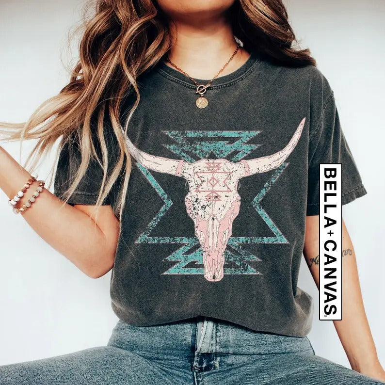 Boho Cow Skull Shirt, Western Graphic Tee, Bull Skull Shirt, Cowgirl Tshirt, Country Shirt, Cowboy Shirt,Country Girl...