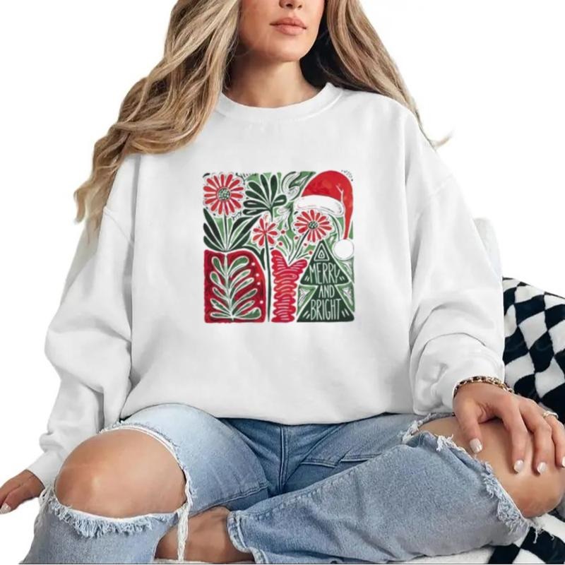 Boho Floral Christmas Shirt, Merry and Bright Shirt, Christmas Tree Tshirt, Xmas Party Shirt, Holiday Women Sweatshirt,...