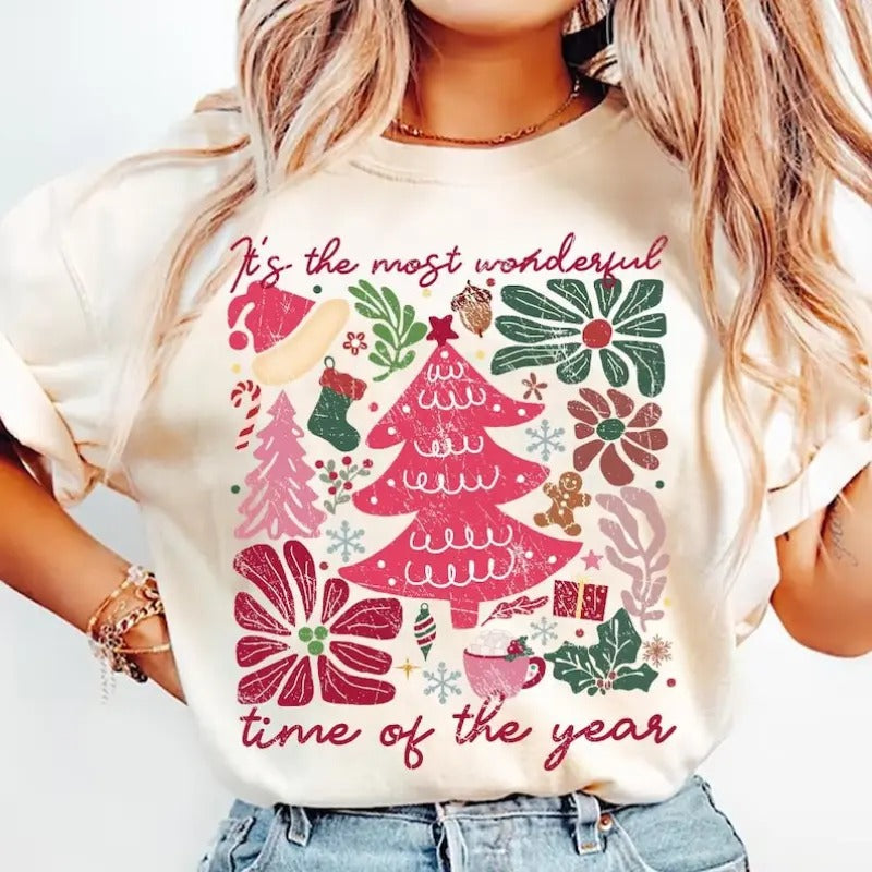 Boho Floral Christmas Shirt, Pink Christmas Hand Drawn Sweatshirt , Boho Christmas , Coquette Christmas Shirt, Girly...