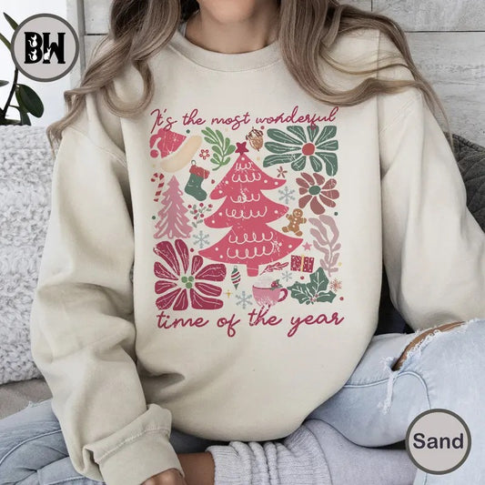 Boho Floral Christmas Sweatshirt, Pink Christmas Hand Drawn Shrit, Boho Christmas Shirt, Coquette Christmas Sweatshirt,...
