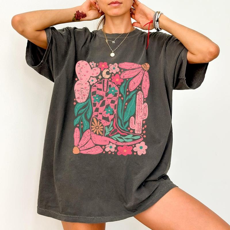Boho Floral Cowboy Boots, Colorful, Summer, Western, Country, Trendy Shirt, Women's Comfort Color Tee, Tshirt Hoodie,...