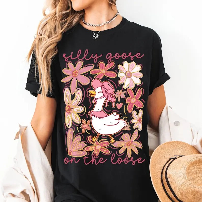 Boho Floral Goose T-shirt, Mama Goose Shirt, Spring Floral, Girly, Coquette Bow, Duck, Goose Lover Graphic T-shirt,...