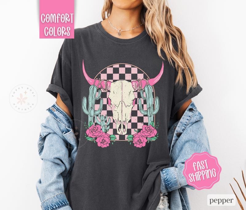 Boho Floral Skull Shirt Comfort Colors, Desert Cow Floral Tshirt, Western Shirts Hoodie, Sweatshirt | WearSparks.com