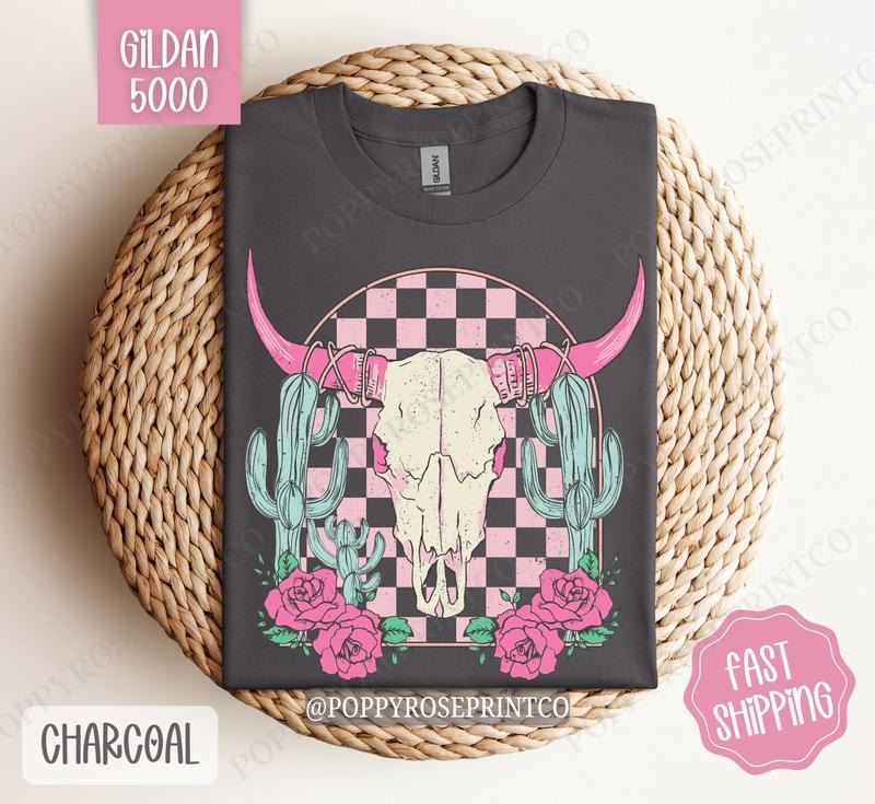 Boho Floral Skull Shirt Gildan, Desert Cow Floral Tshirt, Western Shirts Hoodie, Sweatshirt | WearSparks.com