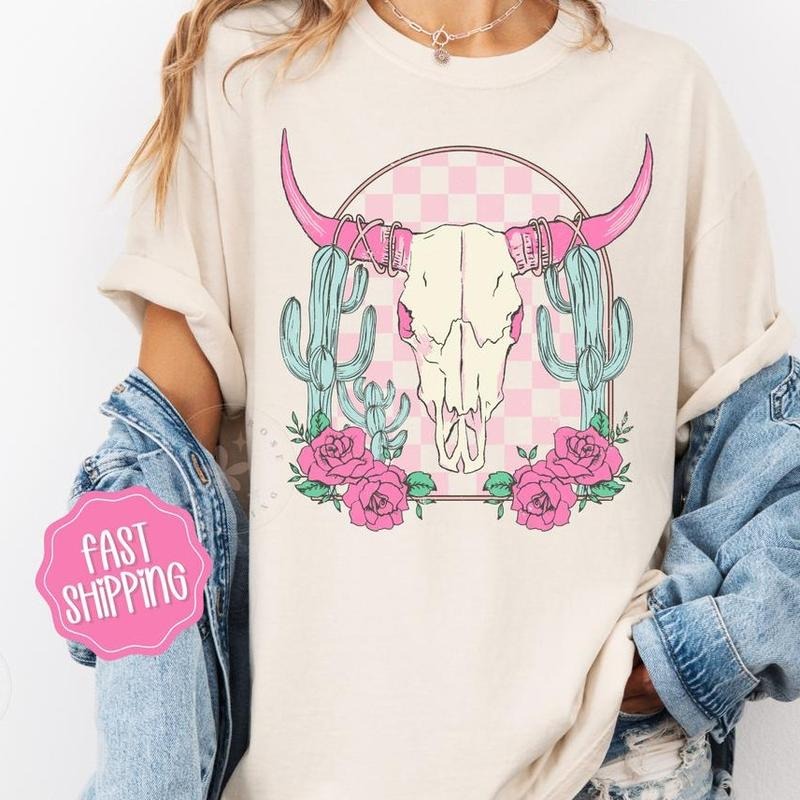 Boho Floral Skull Shirt, Desert Cow Floral Tshirt, Western Shirts Hoodie, Sweatshirt | WearSparks.com