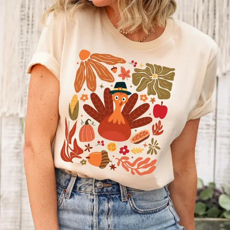 Boho Floral Turkey Shirt, Pumpkin Season, Thanksgiving Shirt, Hello Fall, Autumn Sweater, Fall Vibes, Fall Shirt,...