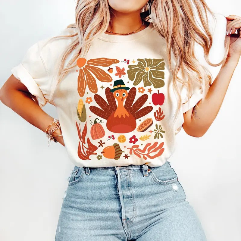 Boho Floral Turkey Shirt, Thanksgiving Gobble T-Shirt, Fall Turkey Pumpkin Sweatshirt, Autumn Holiday Clothing, Unisex Hoodie