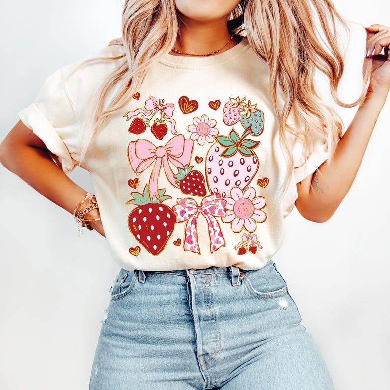 Boho Strawberry Coquette Tshirt, Preppy Strawberries Shirt, Strawberry Festival Tee, Summer T-Shirt, Floral Stawberry,...