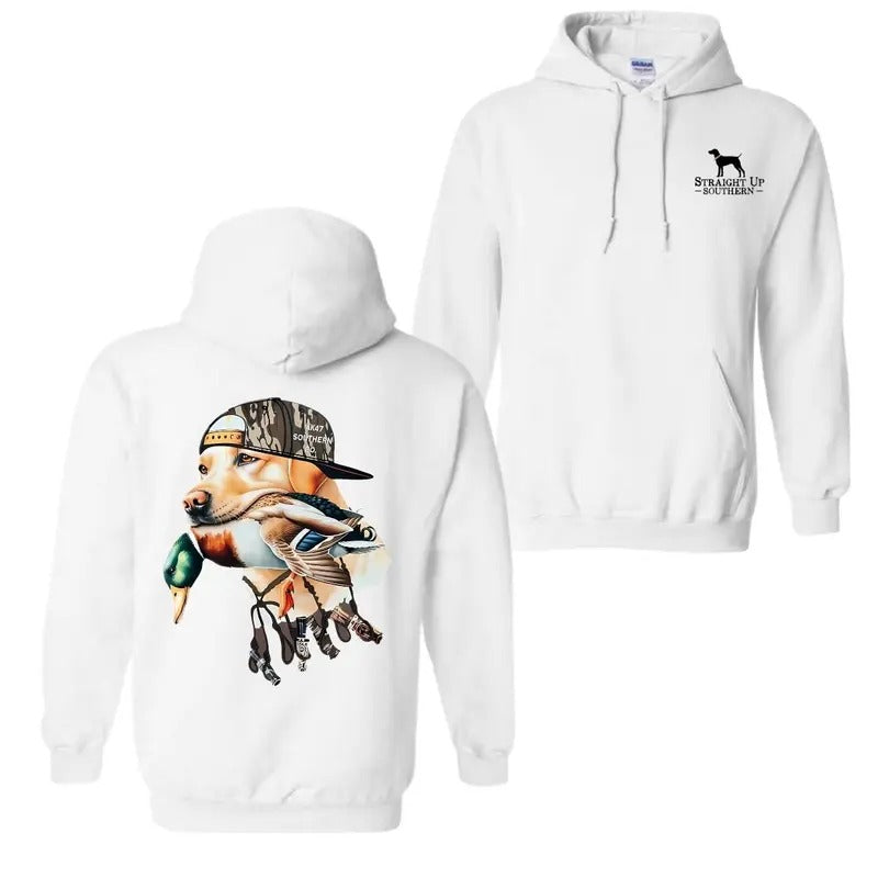 Bold Hunting Dog with Duck Graphic, Perfect for Outdoor Enthusiasts and Waterfowl Hunters, Unisex Hoodie Fabric Menswear...