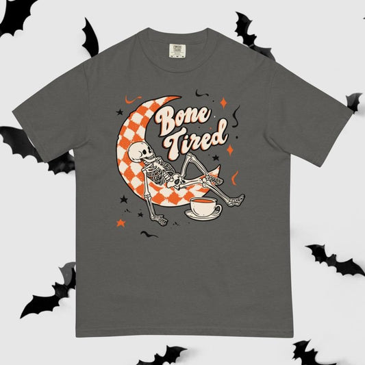 Bone Tired Skeleton Coffee and Crescent Moon Comfort Colors Shirt, Checkered Pattern, Halloween and Autumn Tops, Gift for...