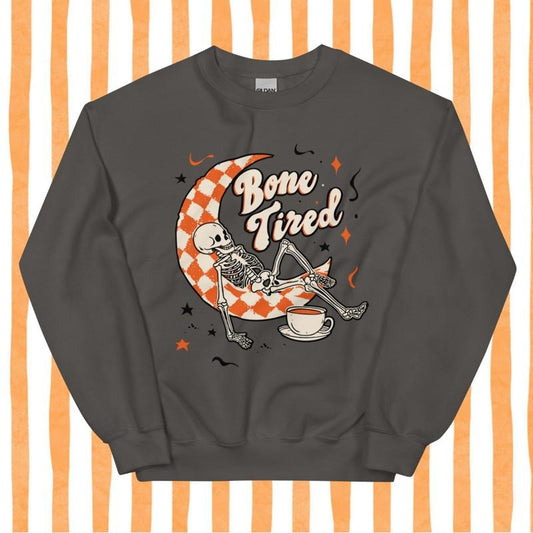 Bone Tired Skeleton Coffee and Crescent Moon Sweatshirt, Checkered Pattern, Halloween and Autumn Tops, Gift for Her...