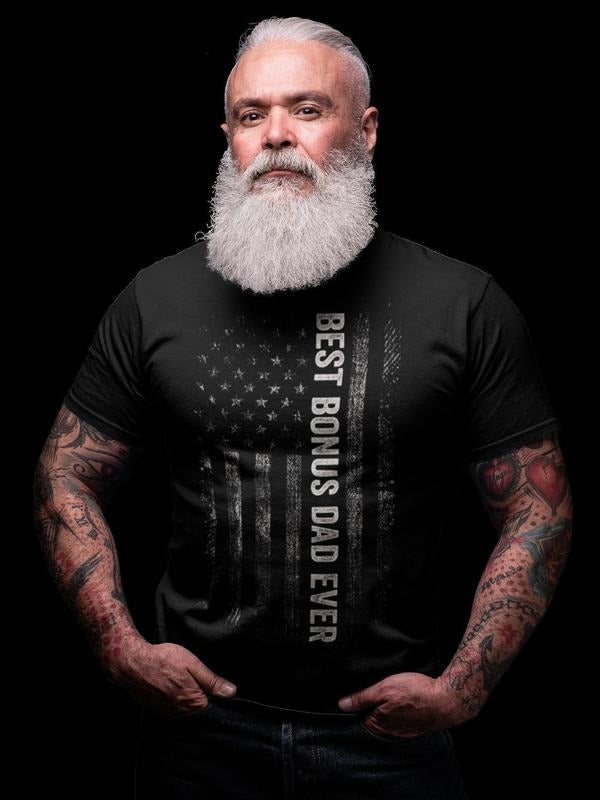 Bonus Dad T-Shirt, Funny Stepdad Gift Tee, Best Step Dad Patriotic Shirt for Men, Ultra Soft Cotton Tee, Everyday Casual...