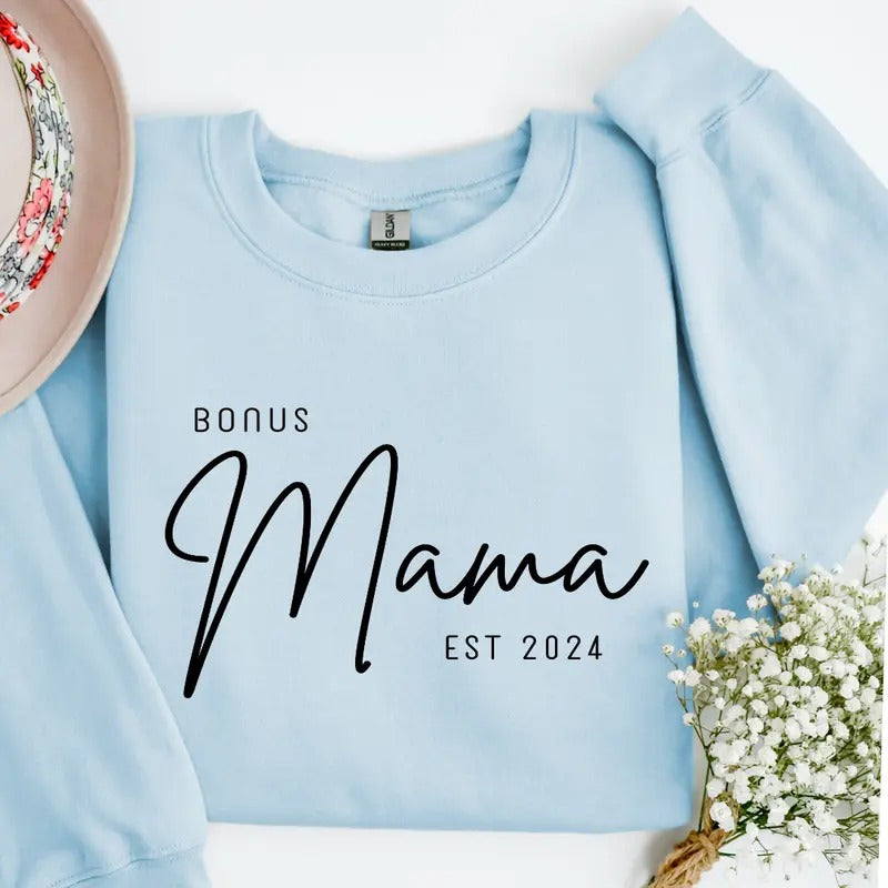 Bonus Mama Sweatshirt, Gift for Stepmom, Mother's Day gift, Mama Est. Sweatshirt, Casual Cotton Sweatshirt Unisex True to...