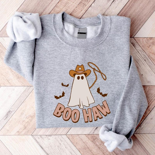 Boo Haw Sweatshirt, Funny Ghost Halloween Hoodie, Unisex Western Halloween Gift Sweater, Matching Spooky Season Long...