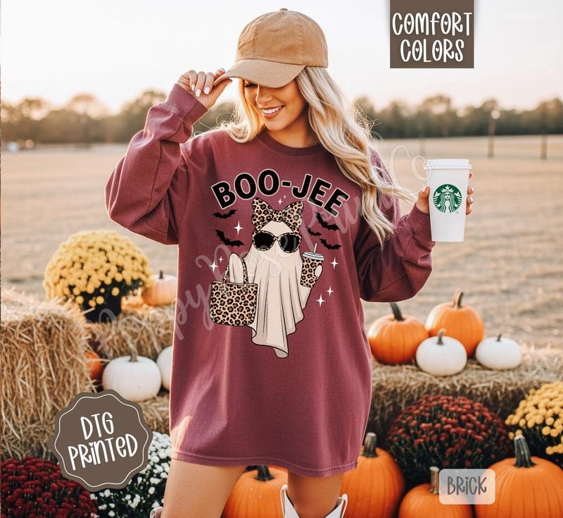 Boo-Jee Ghost Comfort Colors Long Sleeve T-Shirt, Cute Women's Halloween Tee Hoodie, Sweatshirt | WearSparks.com