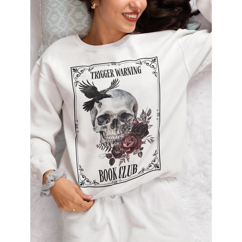 Book Club Sweatshirt, Floral Skull Graphic Sweatshirt, Trigger Warning Sweatshirt, Unisex Crewneck Pullover, Gothic...