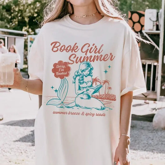 Book Girl Summer Shirt, Bookish Mermaid Shirt for Book Lovers, Funny Reader Preppy Vacation Shirt, Romantasy Ocean...