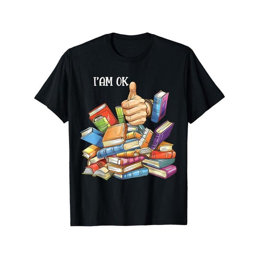 Book Lover Themed T-Shirt - 100% Cotton Crew Neck Tee with Colorful Book Stack & Thumbs Up Graphic - Comfortable,...