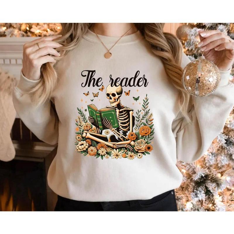 Book Reading Skeleton Sweatshirt, Gothic Skeleton Shirt, Floral Skeleton Tee, Book Lovers Sweater, Wild Flower Shirt,...
