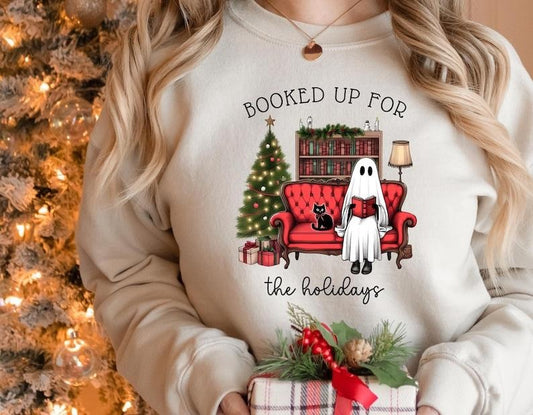 Booked up for the Holidays Christmas Shirt, Gift for Librarian,Bookworm Christmas Sweater,Christmas Book ghost Shirt,Book...