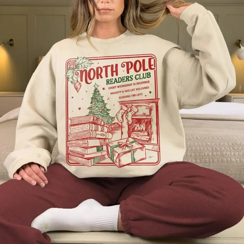 Bookish Christmas Sweatshirt, North Pole Book Club Santa Sweater for Book Lover, Christmas Retro Book Worm Holiday...
