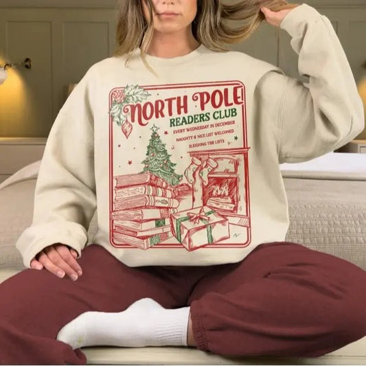 Bookish Christmas Sweatshirt, North Pole Book Club Santa Sweater, Book Lover Christmas, Retro Book Worm Holiday Bookish...