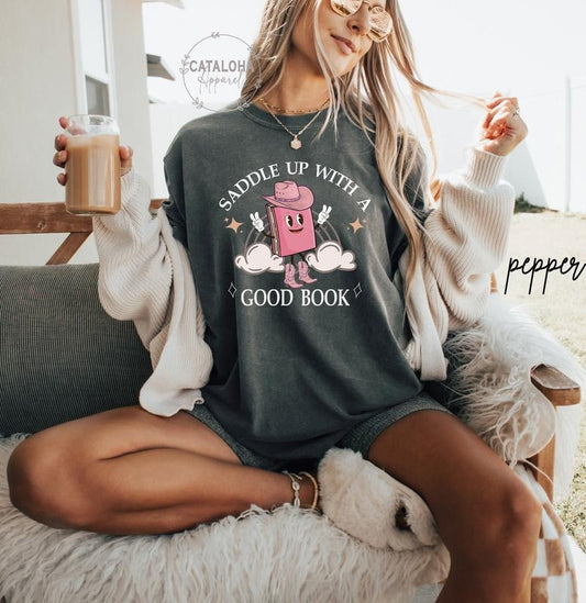 Bookish Cowgirl tshirt, Saddle up with a good book, Retro Western Book Lover Shirt,Country Bookish Tee, Country Girl...