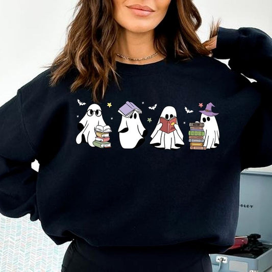 Bookish Ghost Sweater, Halloween Sweatshirt, Spooky Library Shirt, Ghost Reading Book Tee Shirt, Gift For Book Lovers,...