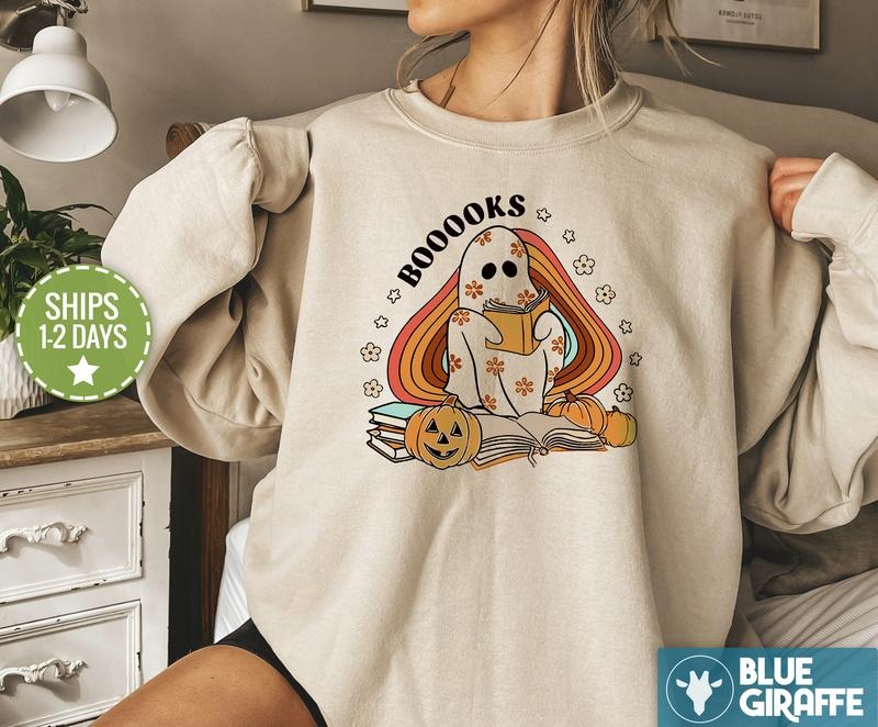 Booooks Cotton Sweatshirt, Spooky Crewneck Sweatshirt, Book Crewneck, Reading Sweatshirt, T-Shirts, Hoodie | WearSparks.com