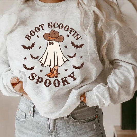 Boot Scootin Spooky Sweatshirt, Cowboy Ghost Halloween Sweater, Western Halloween Crewneck Sweatshirt, Cowboy Ghost Tee...