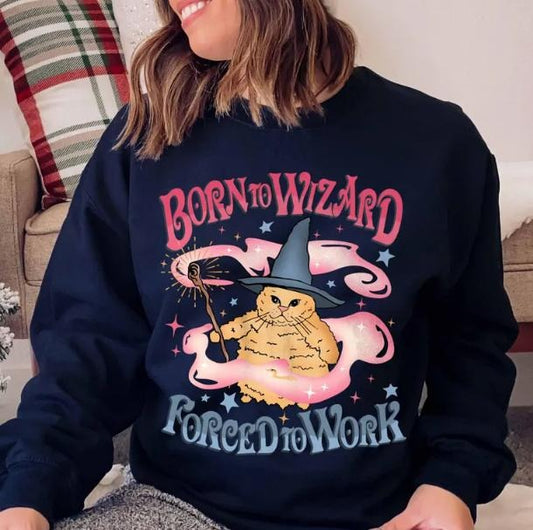 Born to Wizard Forced to Work Sweatshirt, Meme Cat Sweater, Bookworm, Universal Magical Sweatshirt T-Shirts, Hoodie