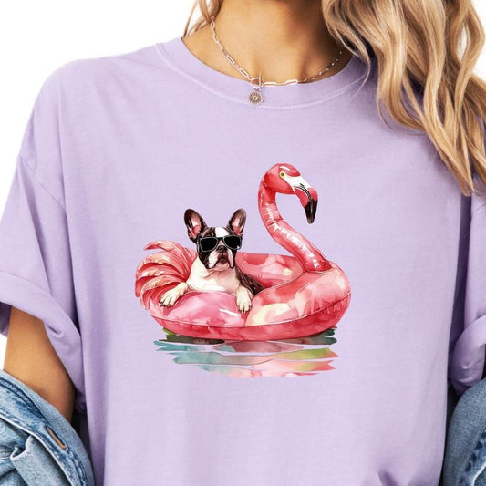 Boston Terrier Flamingo Float Dog Shirt ~ Unisex Apparel Relaxed Fit Printed In The USA Clothing Womenswear Casual...
