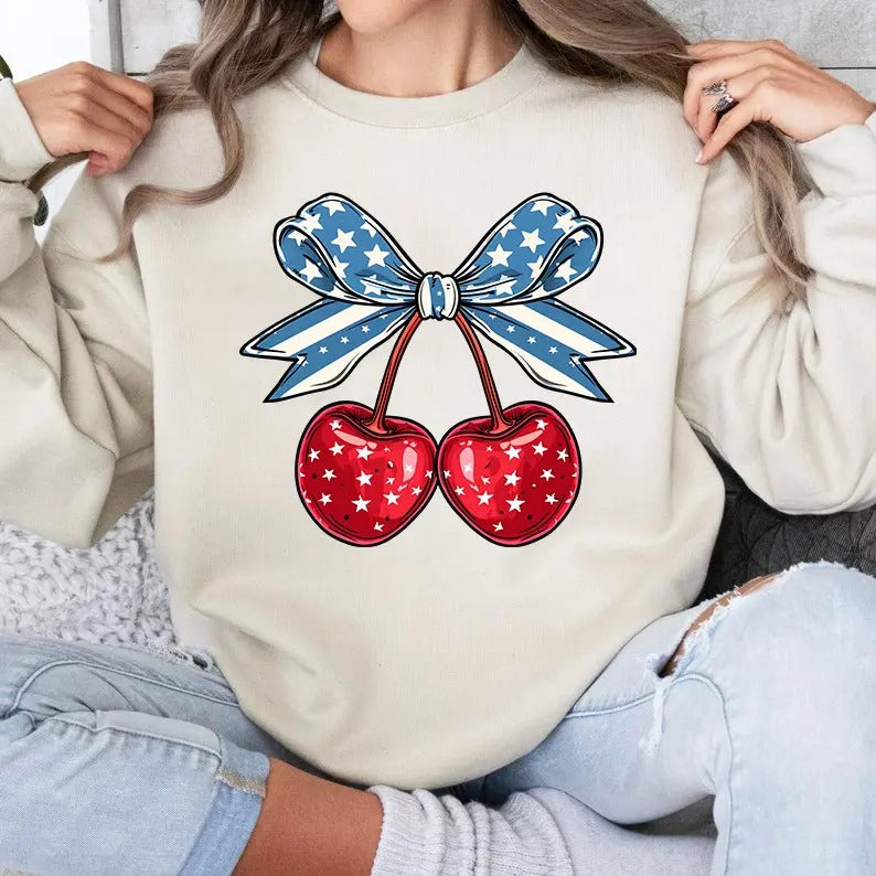 Bow Cherry Sweatshirt, Cherry Coquette Shirt, USA Flag Coquette Shirt, Cherry Lover Gift Shirt, Coquette American Flag...