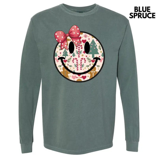 Bow Christmas Happy Face Long Sleeve Comfort Colors T-Shirt 'NLB' Hoodie, Sweatshirt | WearSparks.com