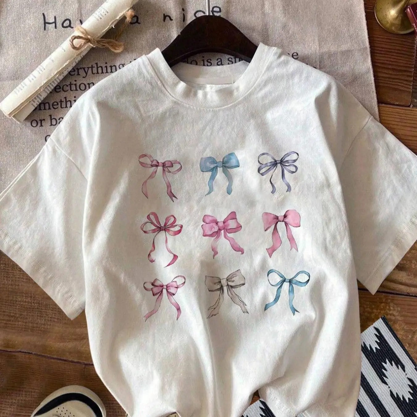 Women's Plain / Bow Print Round Neck Tee, Casual Short Sleeve Crew Neck T-Shirt for Summer, Women Clothes for Daily Wear,...