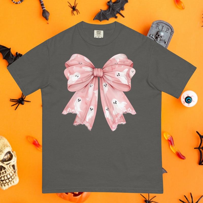 Bow and Ghosts Pattern Comfort Colors Shirt, Trendy halloween tee, Unisex garment-dyed heavyweight t-shirt Hoodie, Sweatshirt
