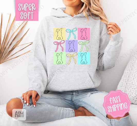 Bows and Bunnies Hoodie, Easter Women's Crewneck, Cute Bunny Women's Hooded Sweater T-Shirts, Sweatshirt | WearSparks.com