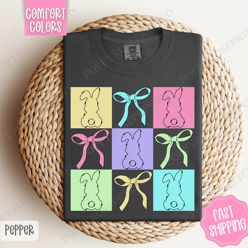 Bows and Bunnies Shirt Comfort Colors, Easter Tshirt, Trendy Bunny Women's Tee, Gift for Her Hoodie, Sweatshirt