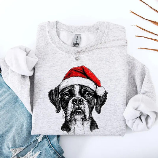 Boxer, Santa, Dog, Christmas, Dog Lover, Pet Sweatshirt, Crew Neck, Women's, Crewneck T-Shirts, Hoodie | WearSparks.com