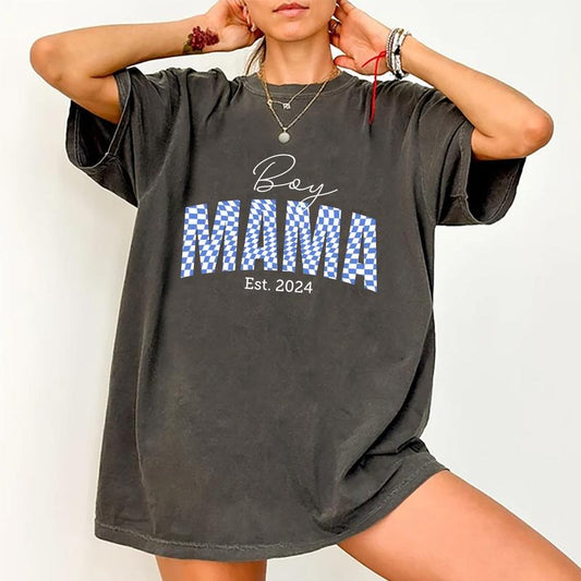 Boy Mama Est. 2024 Comfort Colors Shirt, Boy Mama Shirt, Checkered Boy Mama Tee, Mom Graphic Printed Short Sleeve Tee...
