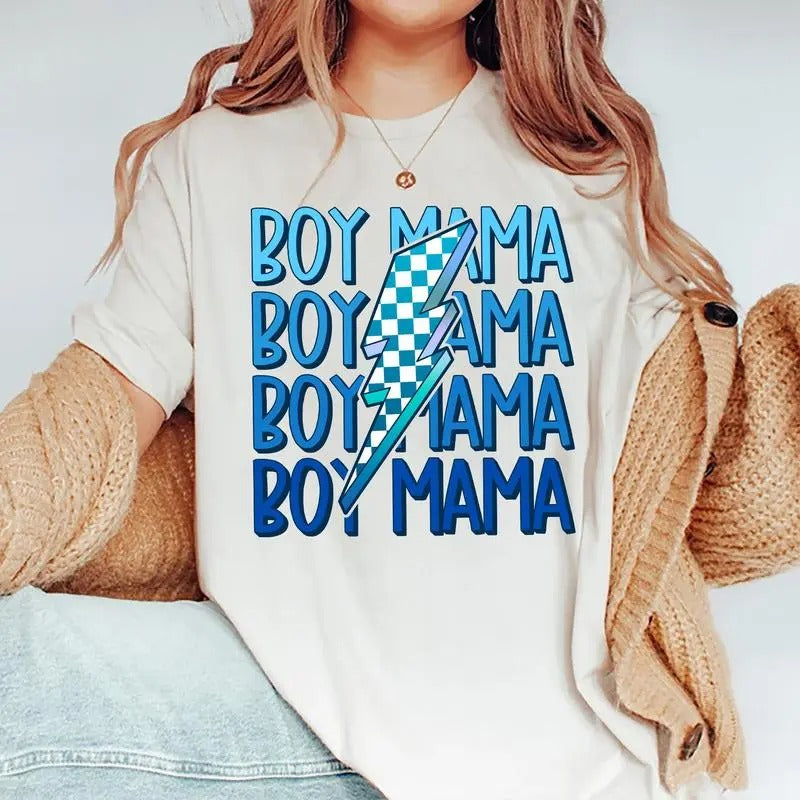 Boy Mama Shirt, In My Boy Mom Era T-shirt, Cool Moms Graphic Printed Tee, Boy Mama Checkered Lightning Soft Fabric Short...