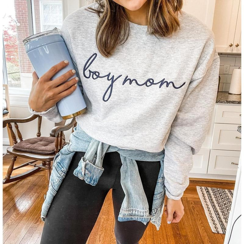 Boy Mom Embroidered Sweatshirt - Unisex Crewneck Pullover for Busy and Comfy Mom Life | Mother's Day Gift T-Shirts, Hoodie