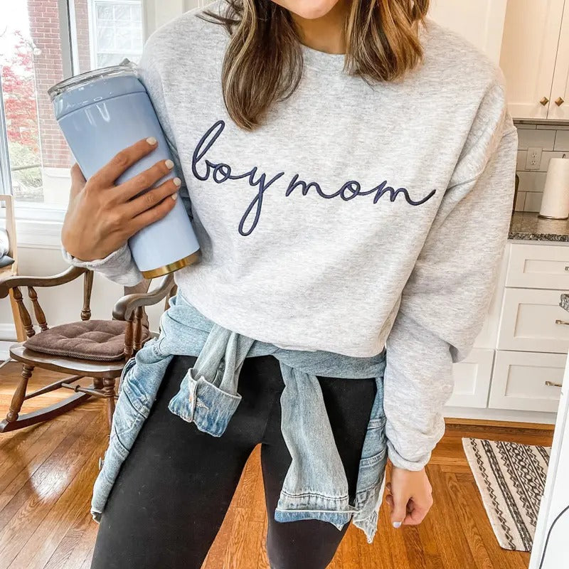 Boy Mom Embroidered Sweatshirt - Unisex Crewneck Pullover for Busy and Comfy Mom Life | Mother's Day Giftstyle{n002}2...