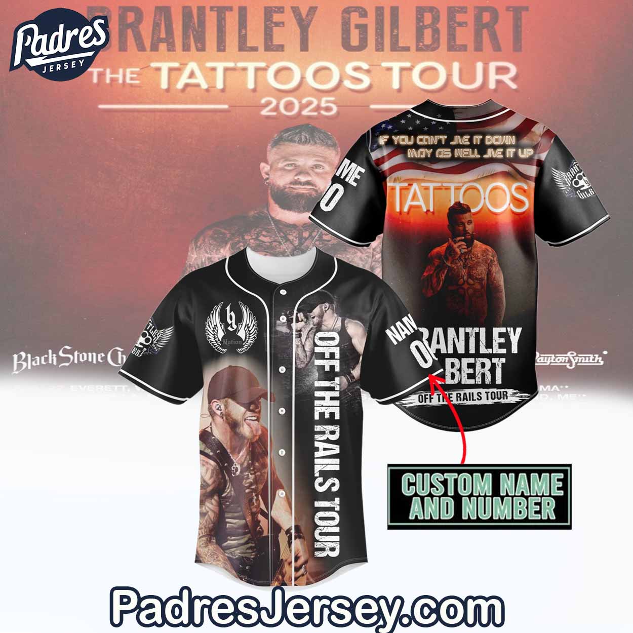 Brantley Gilbert Tour 2025 Baseball Jersey Outfit-The Tattoos - Padres Jersey Oasis: Elevate Your Baseball... (Image 1)
