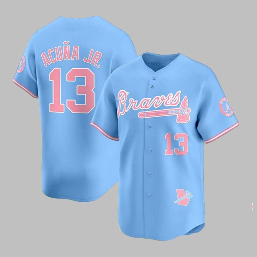 Braves Acuna Jr Pink Bubblegum 2025 Jersey - Grishko.com T-Shirts, Hoodie, Sweatshirt | WearSparks.com (Image 1)
