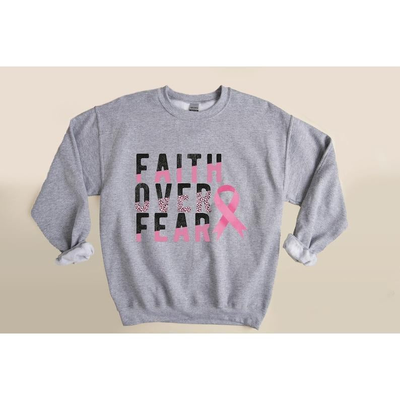 Breast Cancer Awareness Sweatshirt, Faith Over Fear Sweater, Pink Ribbon Sweatshirt, Cancer Awareness, Leopard Print ...