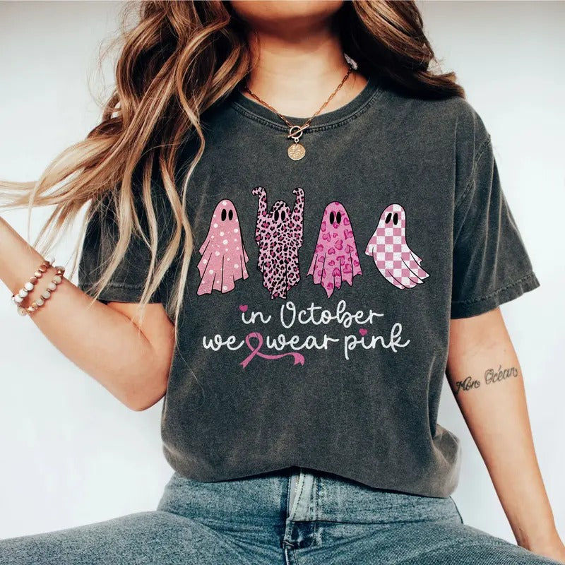 Breast Cancer Shirt for Women, In October We Wear Pink Ghosts, Cancer Halloween Shirt, Halloween Ghost Breast Cancer,...