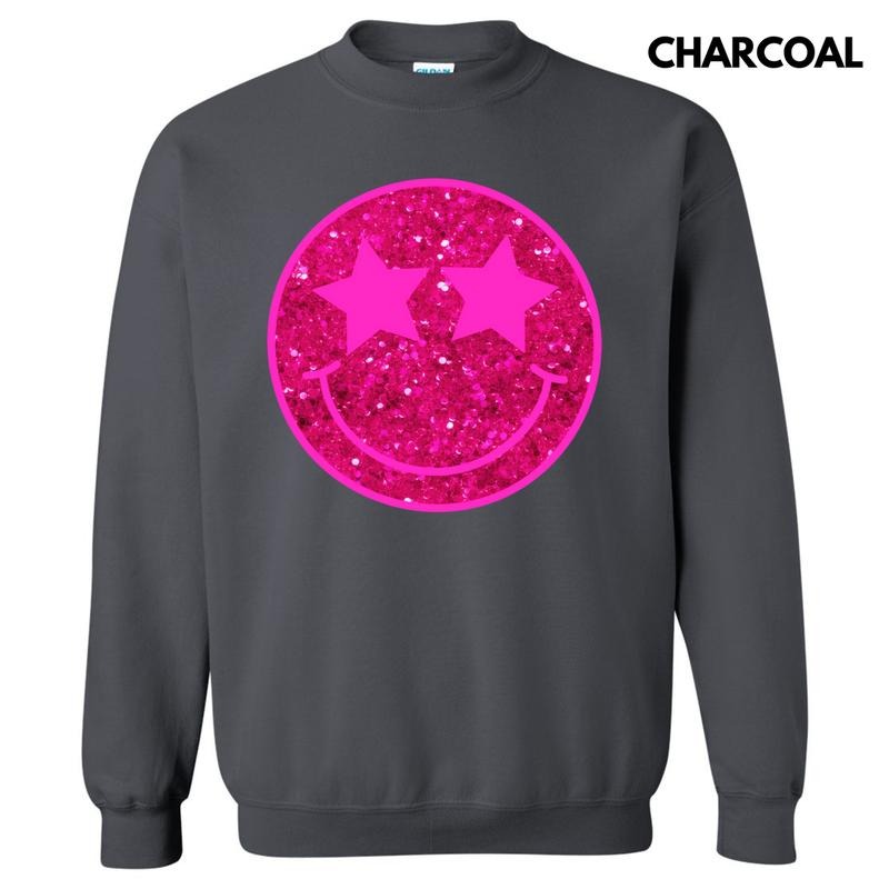 Bright Pink FAKE Glitter Happy Face Sweatshirt 'NLB' T-Shirts, Hoodie | WearSparks.com