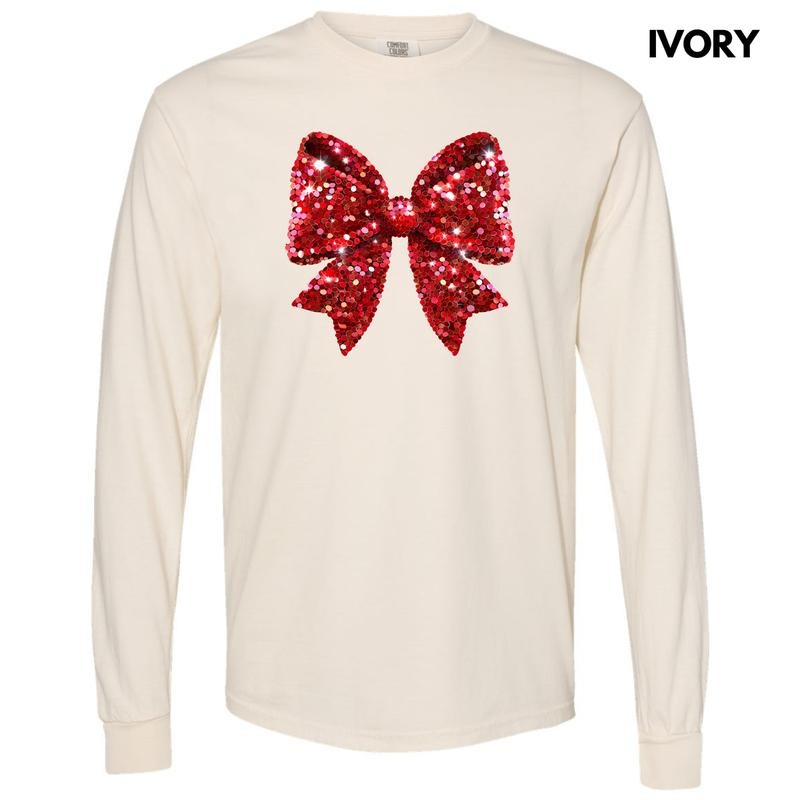 Bright Red Faux Sequin Bow Long Sleeve Comfort Colors T-Shirt 'NLB' Hoodie, Sweatshirt | WearSparks.com